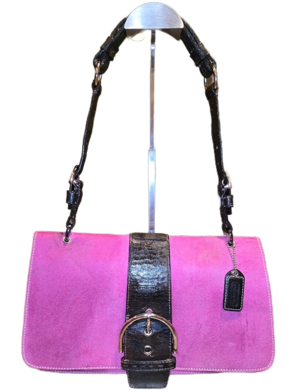 Coach Pink Suede Shoulder Bag with Brown Leather Strap